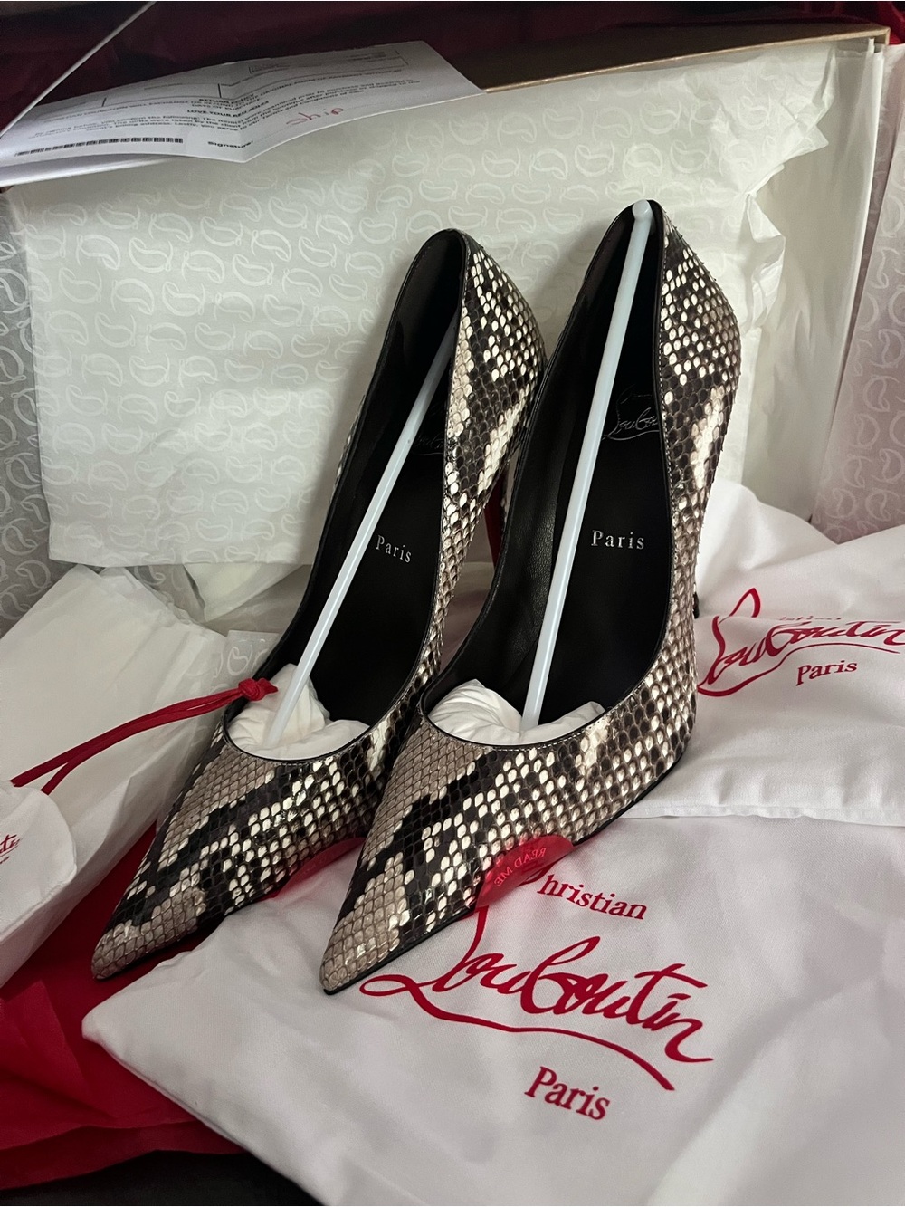 Christian Louboutin Python Roccia Pointed Toe Pumps in Black and Cream
